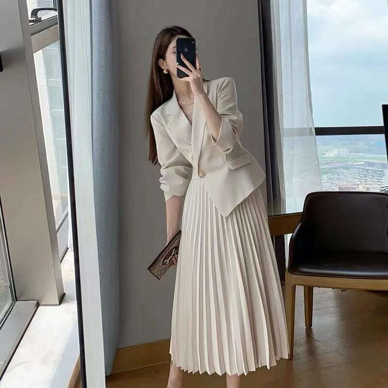 KIMLUD, Elegant Autumn Spring Notched Patchwork Pleated Dress Fashion Women's One Button Long Sleeve Office Ladies Blazer Midi Vestidos, KIMLUD Womens Clothes