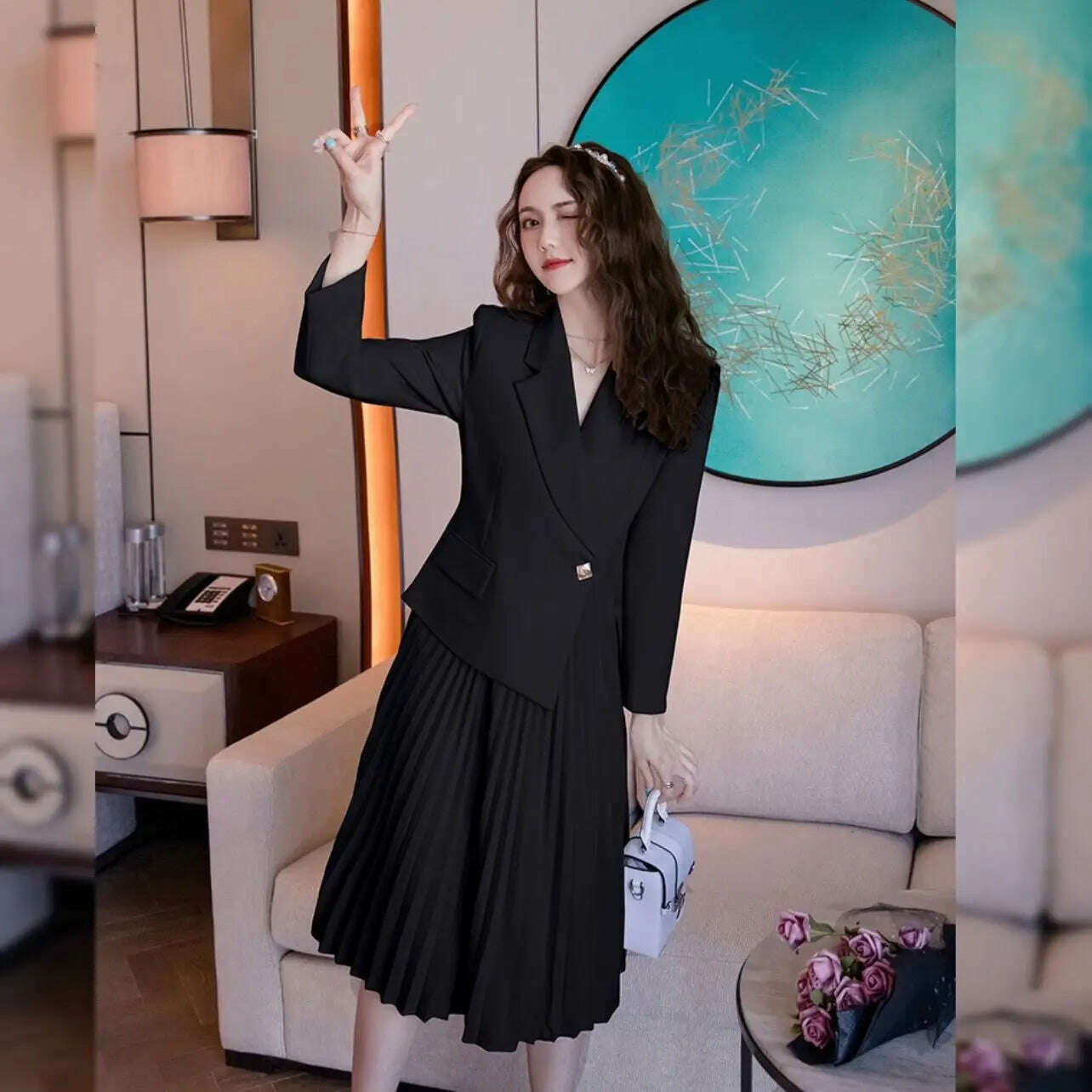 KIMLUD, Elegant Autumn Spring Notched Patchwork Pleated Dress Fashion Women's One Button Long Sleeve Office Ladies Blazer Midi Vestidos, black / S, KIMLUD Womens Clothes