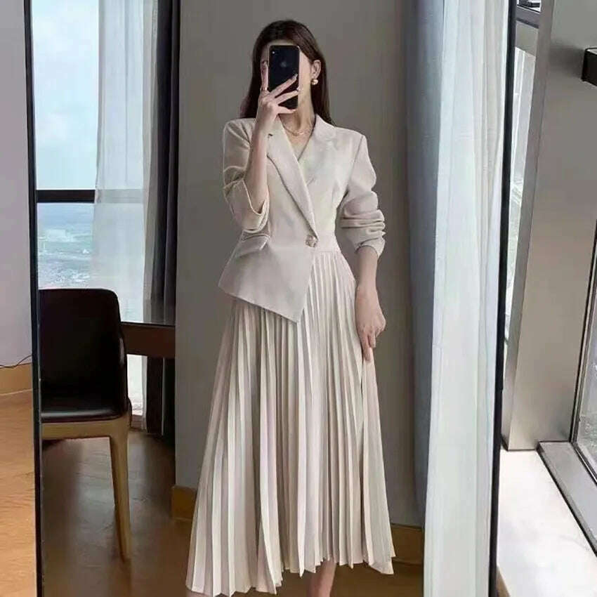 KIMLUD, Elegant Autumn Spring Notched Patchwork Pleated Dress Fashion Women's One Button Long Sleeve Office Ladies Blazer Midi Vestidos, Beige / S, KIMLUD Womens Clothes