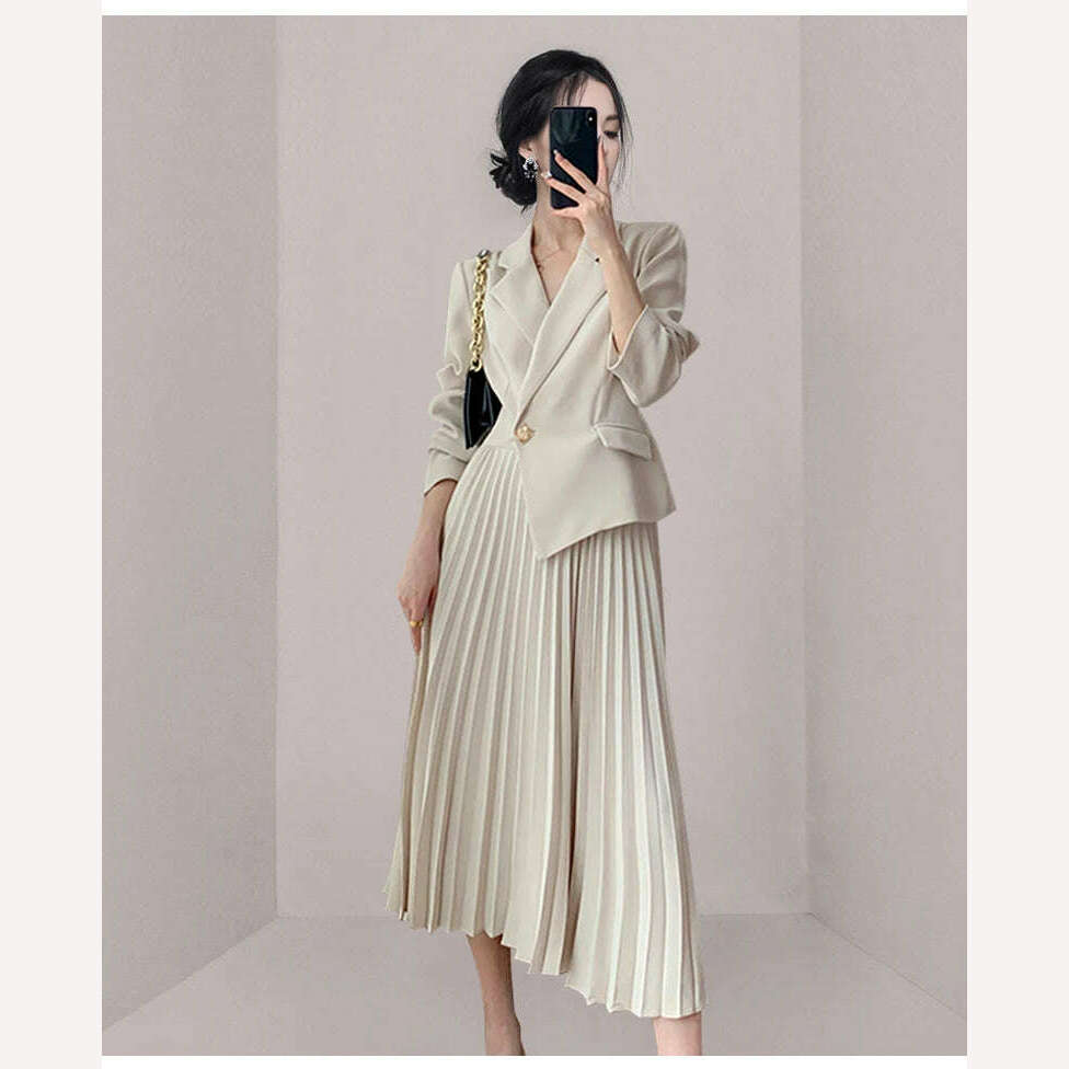 KIMLUD, Elegant Autumn Spring Notched Patchwork Pleated Dress Fashion Women's One Button Long Sleeve Office Ladies Blazer Midi Vestidos, KIMLUD Womens Clothes