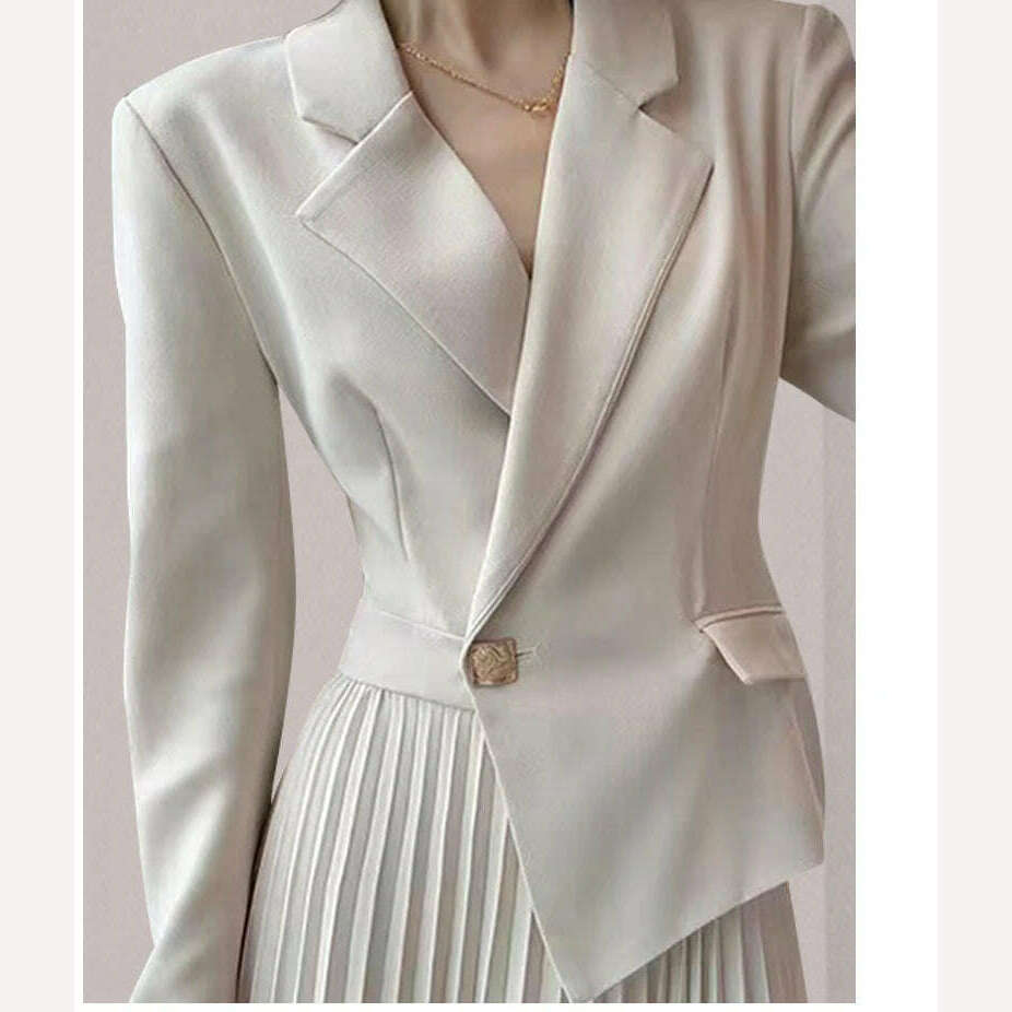 KIMLUD, Elegant Autumn Spring Notched Patchwork Pleated Dress Fashion Women's One Button Long Sleeve Office Ladies Blazer Midi Vestidos, KIMLUD Womens Clothes