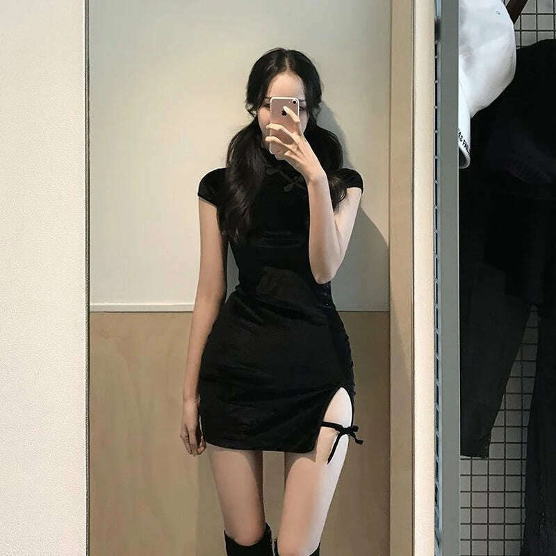 KIMLUD, Elegant Black Short Sleeve Button Sexy Dress Women Casual Shopping Photo New Chinese Dress Tight Fashion Summer 2022, KIMLUD Womens Clothes
