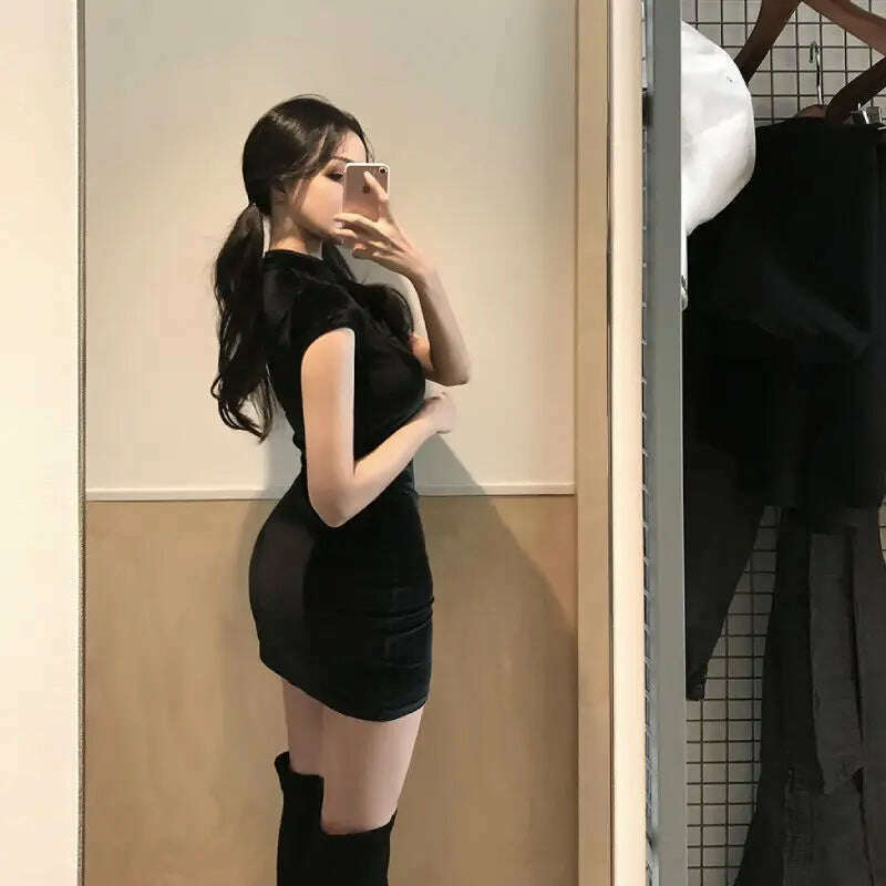 KIMLUD, Elegant Black Short Sleeve Button Sexy Dress Women Casual Shopping Photo New Chinese Dress Tight Fashion Summer 2022, KIMLUD Womens Clothes