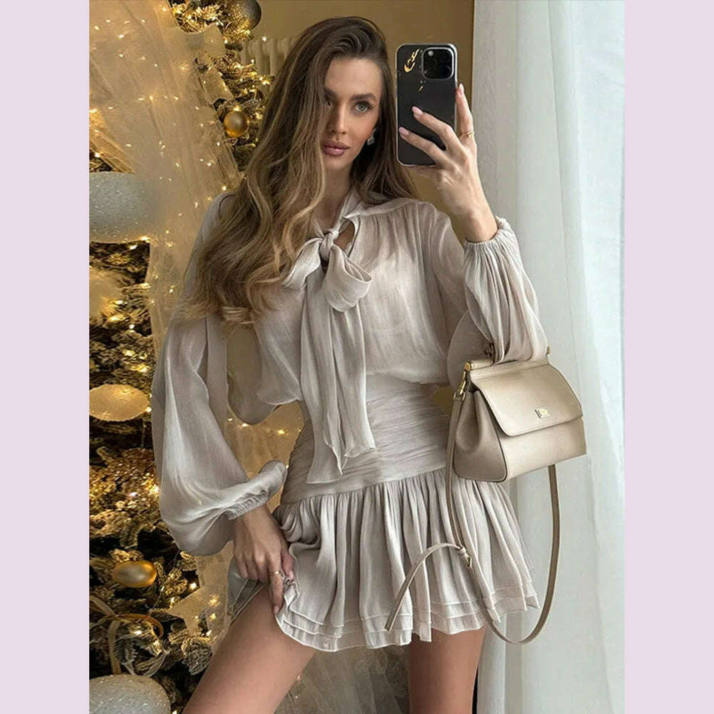 KIMLUD, Elegant Bow Lace Up Top Skirts Set For Women O-neck Long Lantern Sleeve Blouses High Waist Pleated Skirt 2025 New Lady Outfits, KIMLUD Womens Clothes