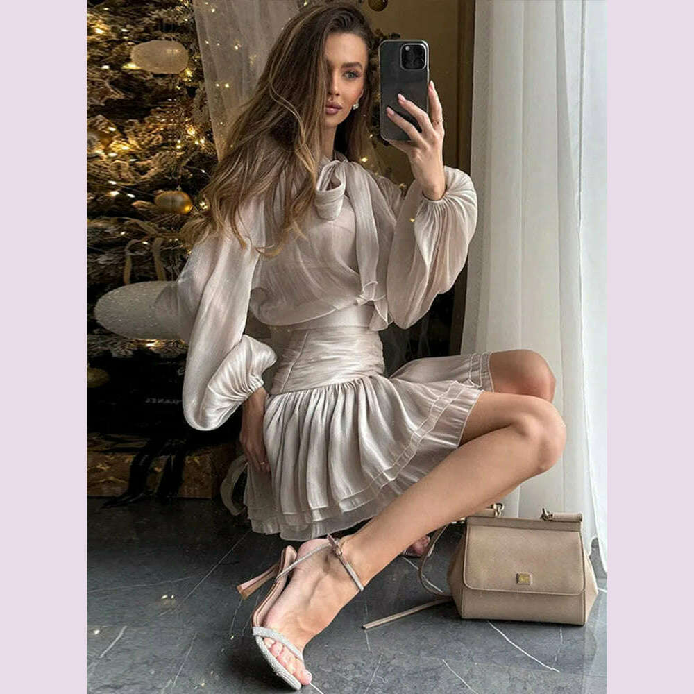 KIMLUD, Elegant Bow Lace Up Top Skirts Set For Women O-neck Long Lantern Sleeve Blouses High Waist Pleated Skirt 2025 New Lady Outfits, KIMLUD Womens Clothes