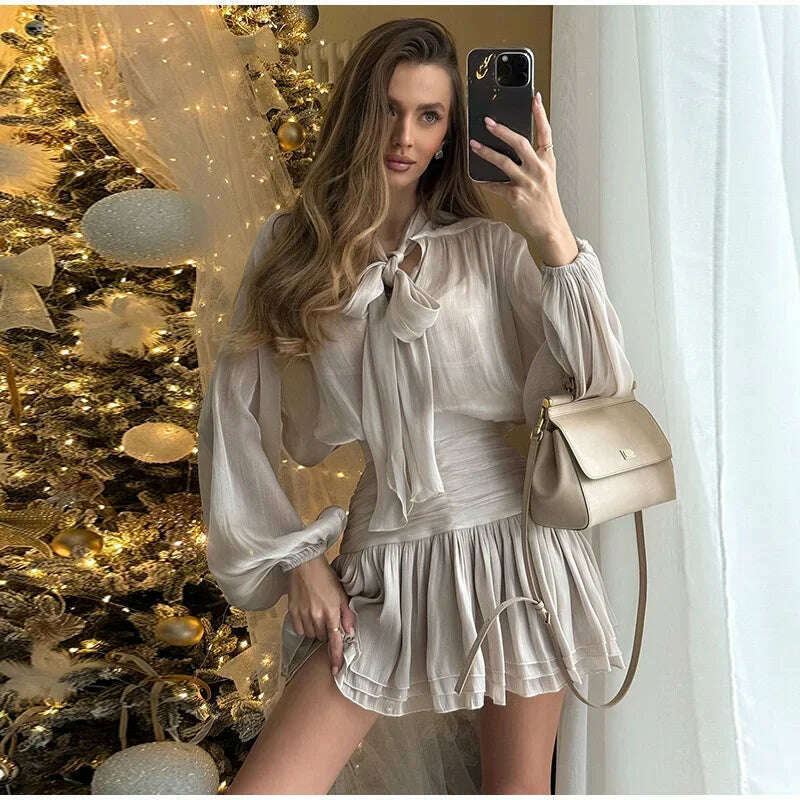 KIMLUD, Elegant Bow Lace Up Top Skirts Set For Women O-neck Long Lantern Sleeve Blouses High Waist Pleated Skirt 2025 New Lady Outfits, KIMLUD Womens Clothes