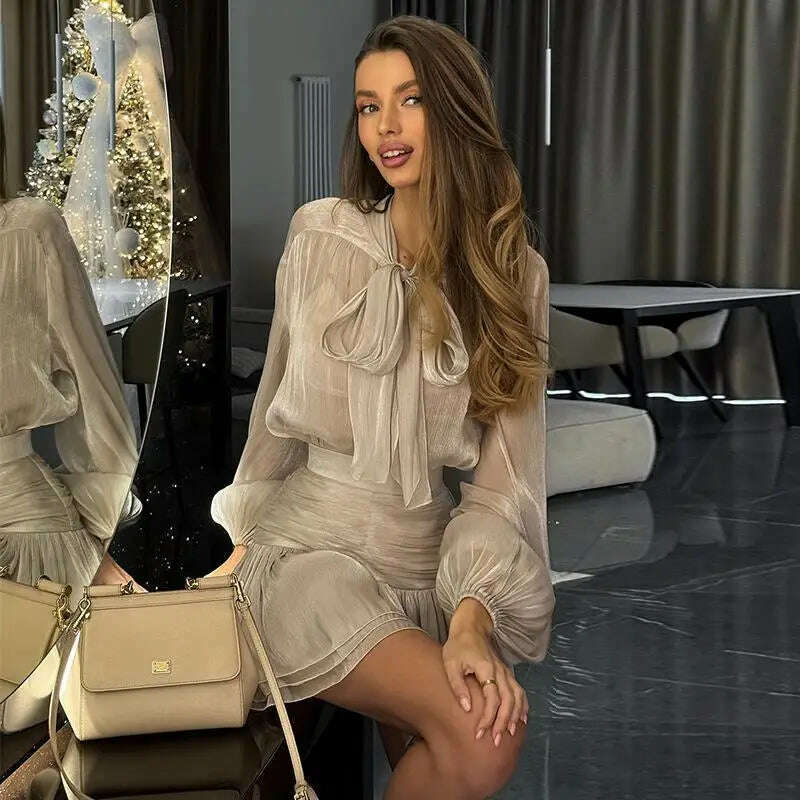 KIMLUD, Elegant Bow Lace Up Top Skirts Set For Women O-neck Long Lantern Sleeve Blouses High Waist Pleated Skirt 2025 New Lady Outfits, Shallow khaki / XXL, KIMLUD APPAREL - Womens Clothes