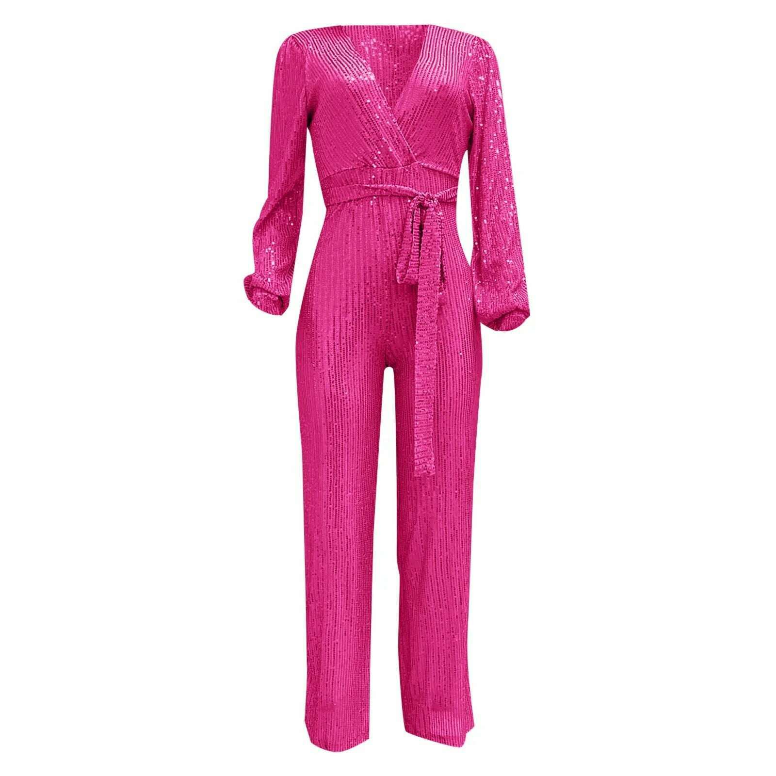 Elegant Casual Jumpsuits For Ladies Long Sleeve Belted Sequin Jumpsuit Wrap V-Neck Wide Leg Birthday Outfits One Piece Romper - KIMLUD