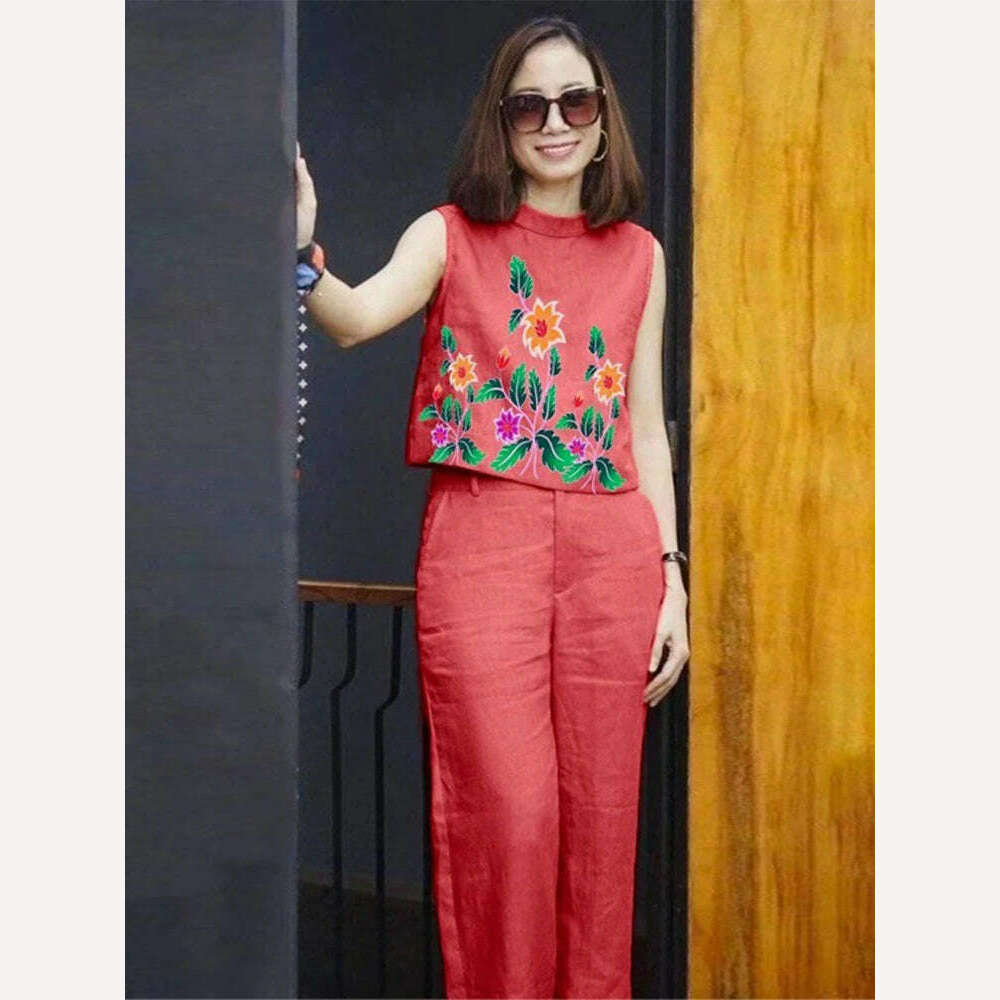 KIMLUD, Elegant Casual Two-piece Set For Women Printed Round Neck Sleeveless Top Solid Wide Leg Pants Suit 2023 Chic Office Lady Outfits, red / S, KIMLUD APPAREL - Womens Clothes