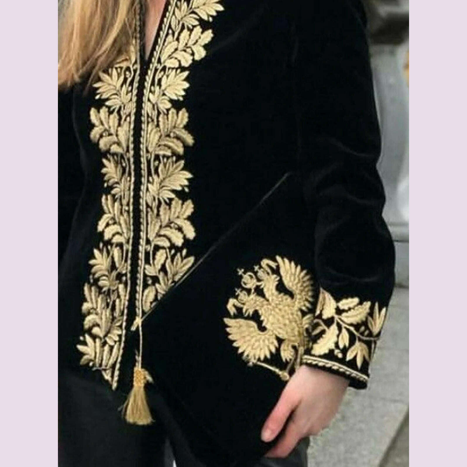 KIMLUD, Elegant Chic Women Tops Floral Stand Collar Deep V Neck Shirts & Blouses Long Sleeve Design Vintage Velvet Blouse, KIMLUD Womens Clothes