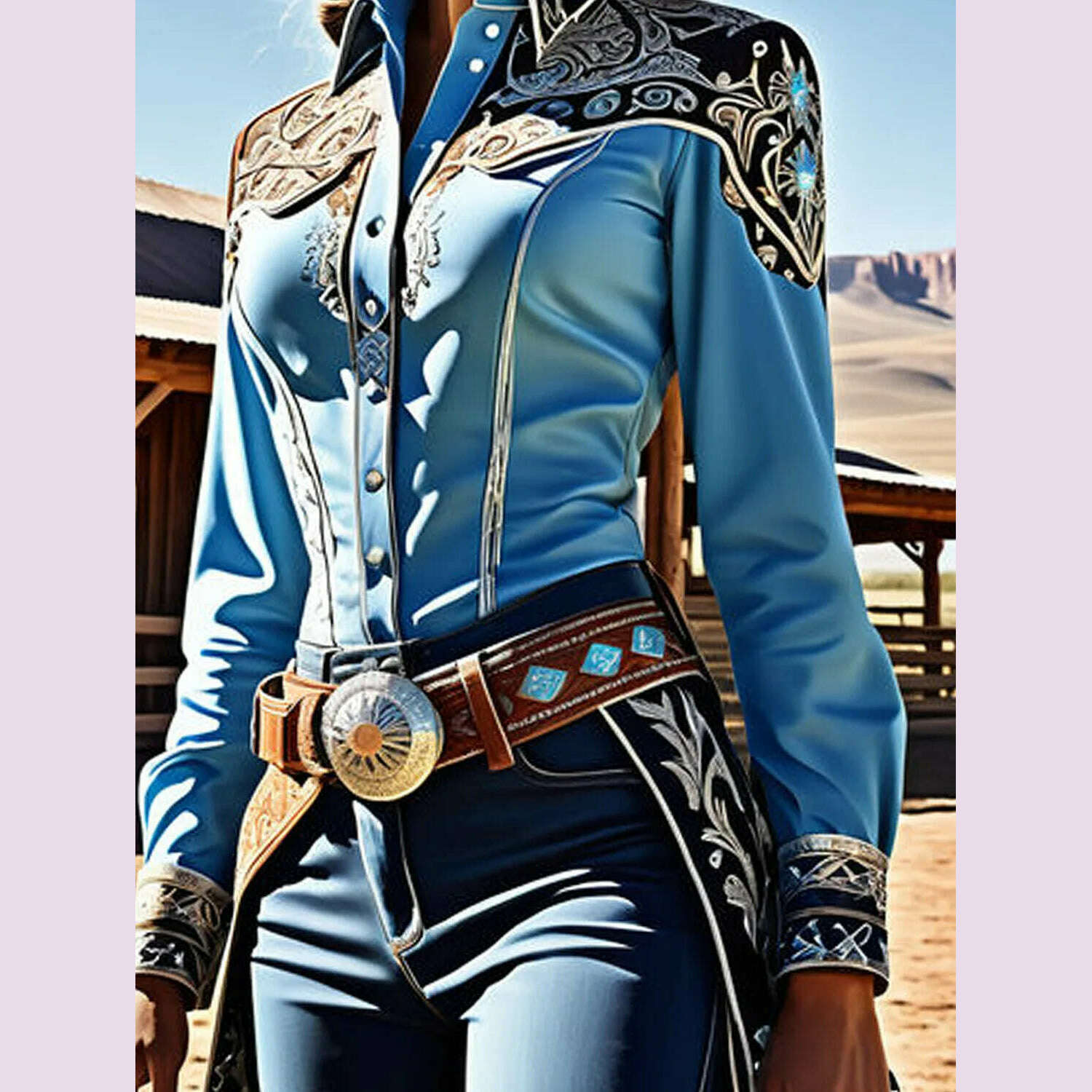 KIMLUD, Elegant Chic Women Tops Western Print Button Turndown Collar Slim Waist Shirt Patchwork Long Sleeve Design Vintage Blouse, KIMLUD Womens Clothes