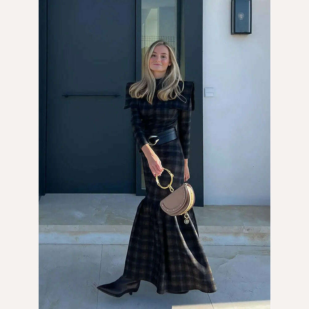 KIMLUD, Elegant Contrasting Checkered Pattern Long Dress Women Fashion O Neck Long Sleeve Pleated Dresses Spring Autumn Lady Streetwear, KIMLUD Womens Clothes