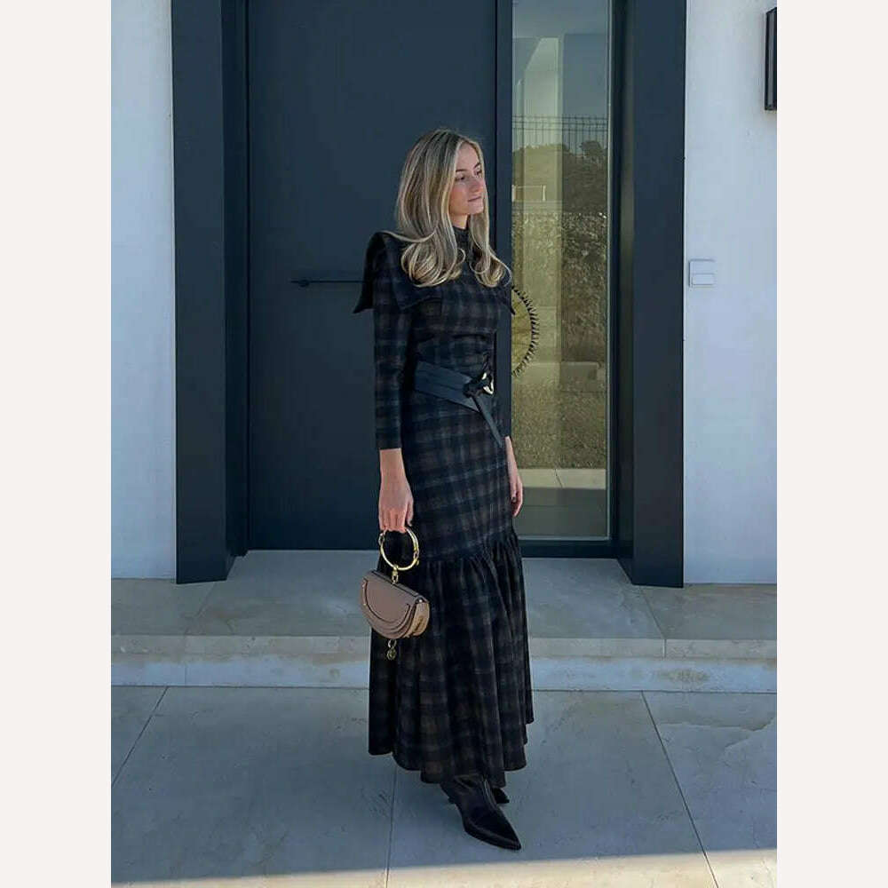 KIMLUD, Elegant Contrasting Checkered Pattern Long Dress Women Fashion O Neck Long Sleeve Pleated Dresses Spring Autumn Lady Streetwear, Plaid(No belt) / S, KIMLUD APPAREL - Womens Clothes