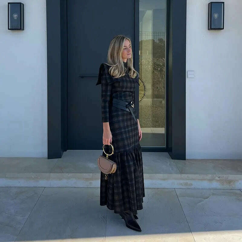 KIMLUD, Elegant Contrasting Checkered Pattern Long Dress Women Fashion O Neck Long Sleeve Pleated Dresses Spring Autumn Lady Streetwear, KIMLUD Womens Clothes