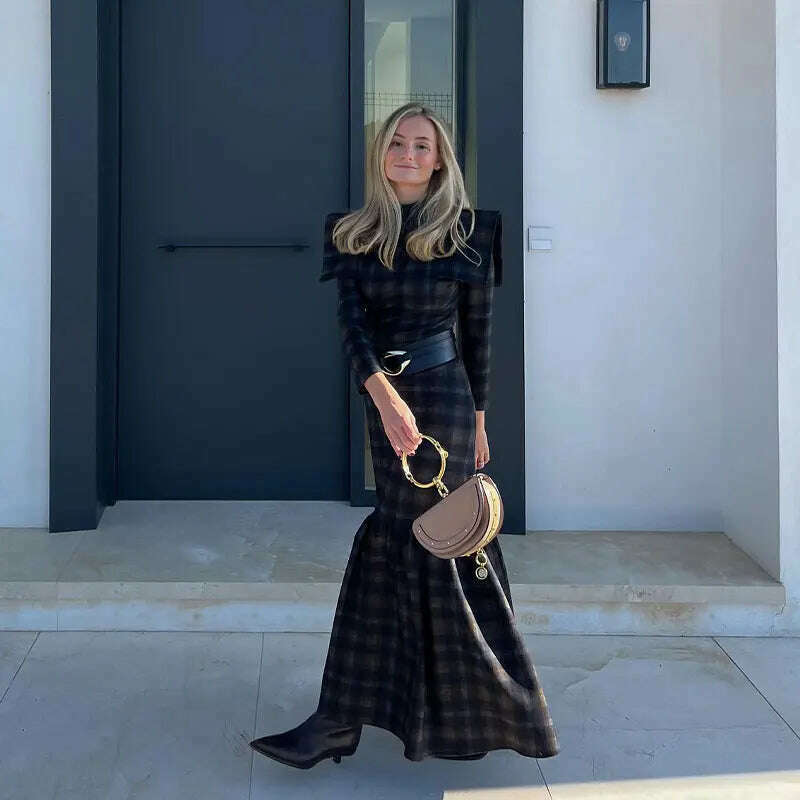 KIMLUD, Elegant Contrasting Checkered Pattern Long Dress Women Fashion O Neck Long Sleeve Pleated Dresses Spring Autumn Lady Streetwear, KIMLUD Womens Clothes