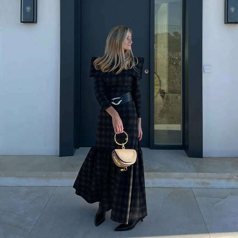 KIMLUD, Elegant Contrasting Checkered Pattern Long Dress Women Fashion O Neck Long Sleeve Pleated Dresses Spring Autumn Lady Streetwear, KIMLUD Womens Clothes