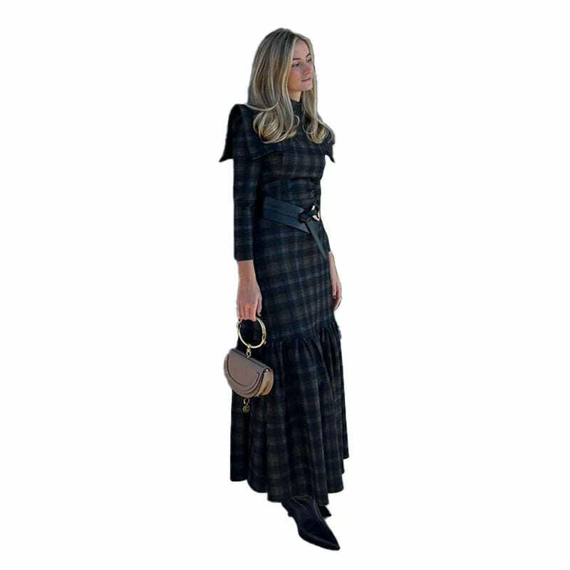 KIMLUD, Elegant Contrasting Checkered Pattern Long Dress Women Fashion O Neck Long Sleeve Pleated Dresses Spring Autumn Lady Streetwear, KIMLUD Womens Clothes