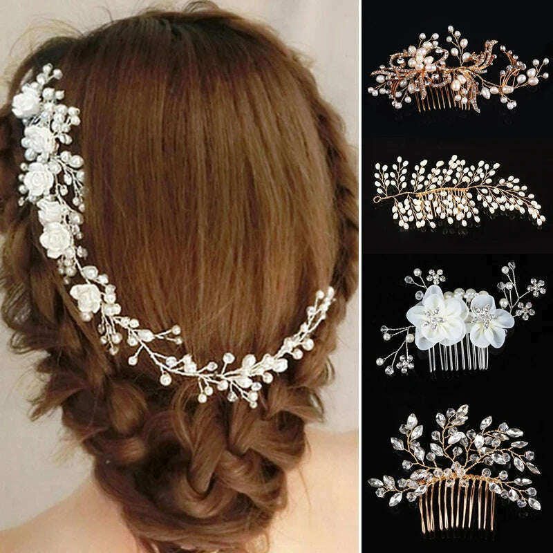 KIMLUD, Elegant Crystal Wedding Hair Comb Headwear Shiny Rhinestone Hairpin Ornaments Pearl Bridal Hair Clip Jewelry Hair Accessories, KIMLUD Womens Clothes