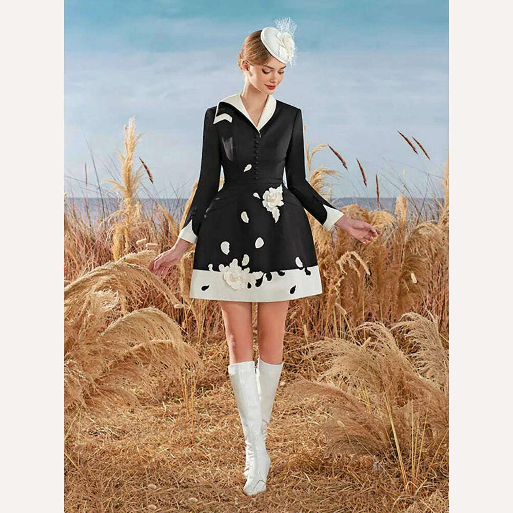 KIMLUD, Elegant DEAT 3D Flower Contrast Color High Waist Long Sleeve Party Dress for Women Short Length Eye Catching, XL / Black, KIMLUD Womens Clothes