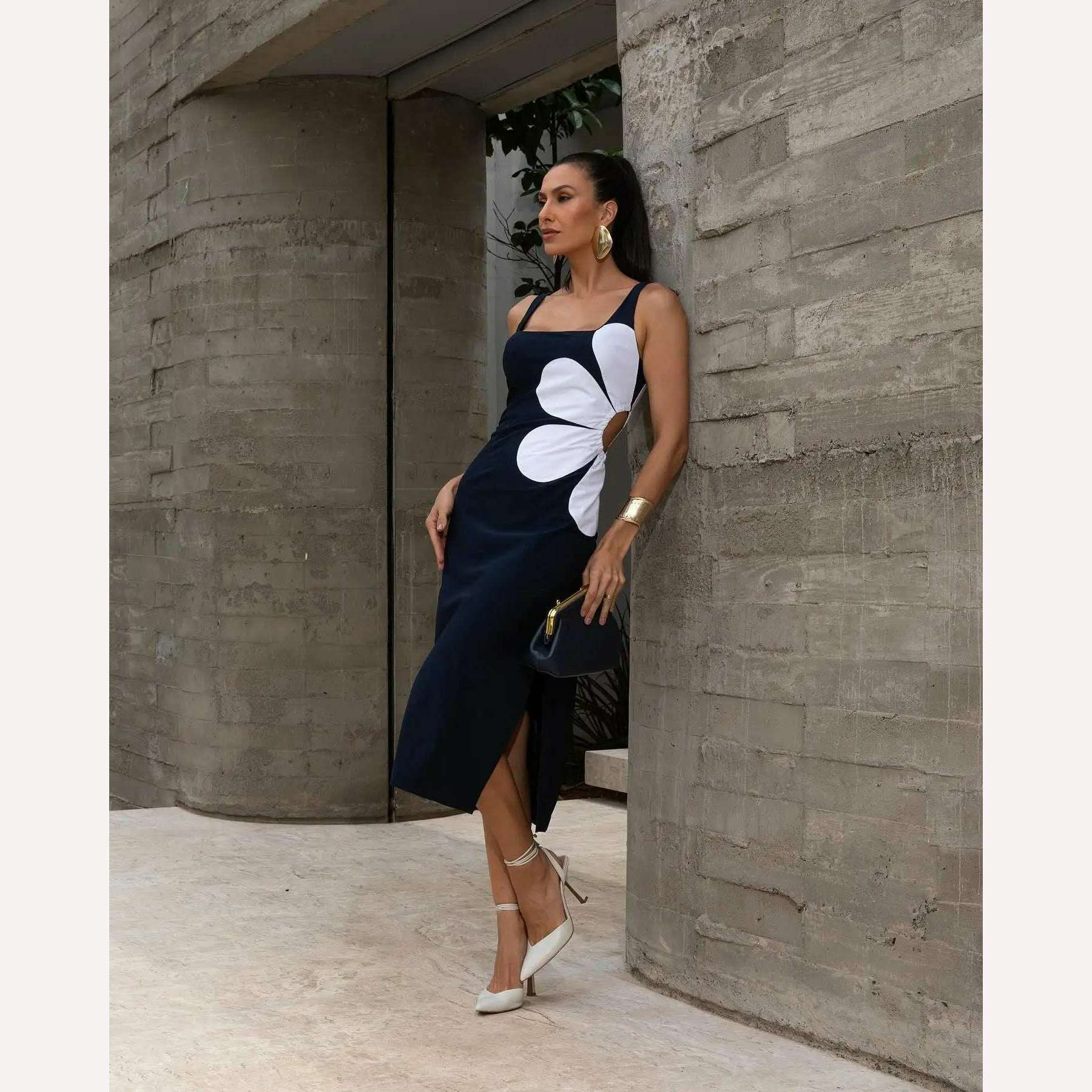 KIMLUD, Elegant Flower Printed Waist Hollow Out Midi Dress Women Sleeveless Back Zipper Split Robes 2024 Fashion High Street Vestidos, Black / M, KIMLUD APPAREL - Womens Clothes