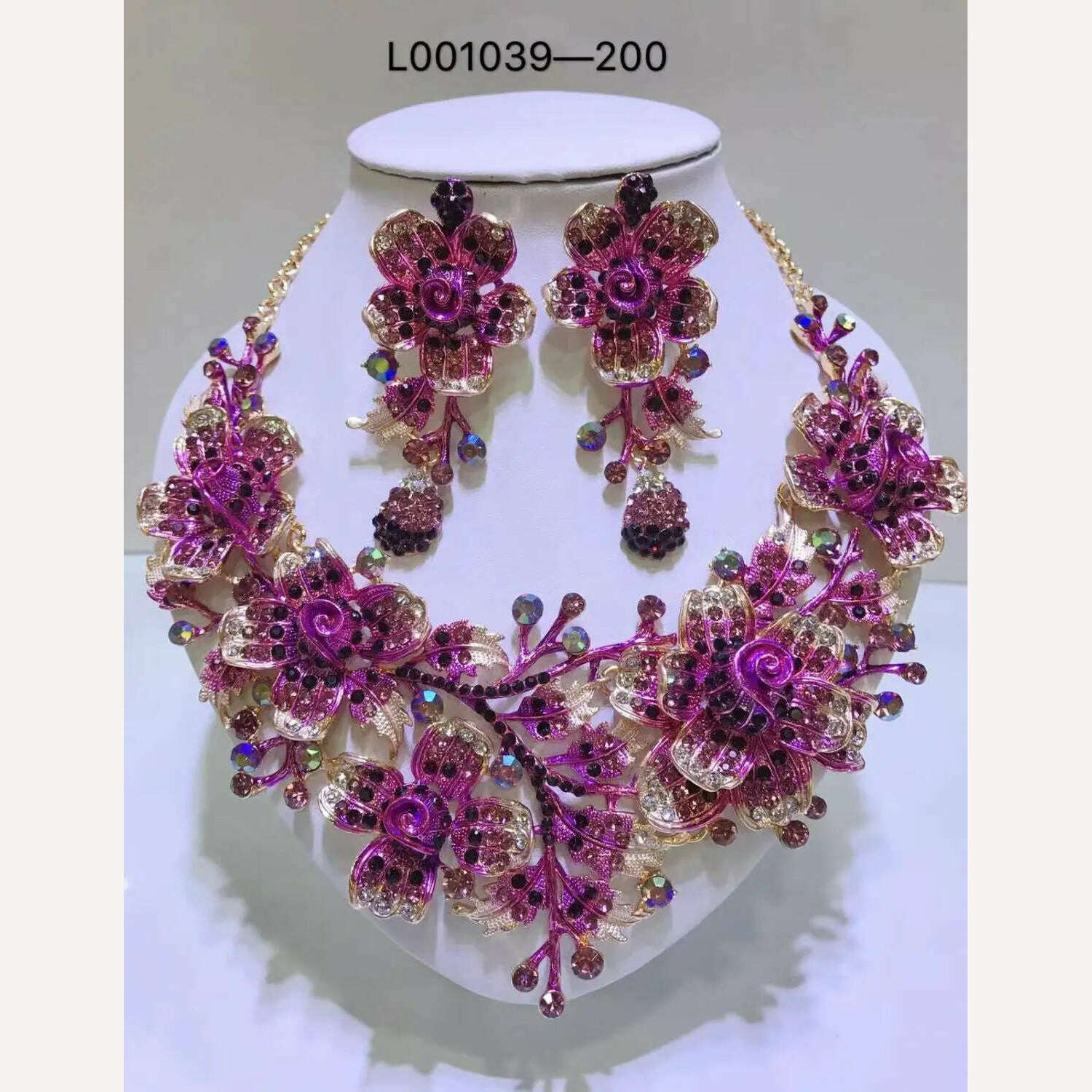KIMLUD, Elegant Flowers Bridal Jewelry Sets Wedding Costume Necklace & Earrings Sets Shining Crystal Gold Color Jewellery For Brides, L005, KIMLUD Women's Clothes
