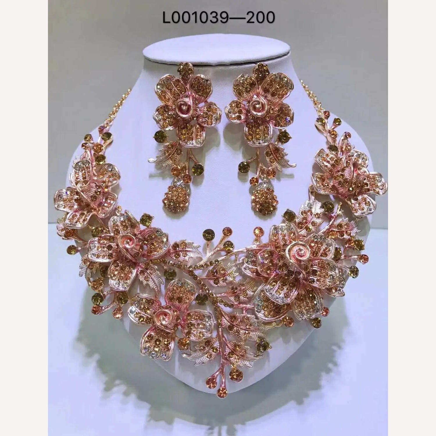 KIMLUD, Elegant Flowers Bridal Jewelry Sets Wedding Costume Necklace & Earrings Sets Shining Crystal Gold Color Jewellery For Brides, L006, KIMLUD Womens Clothes