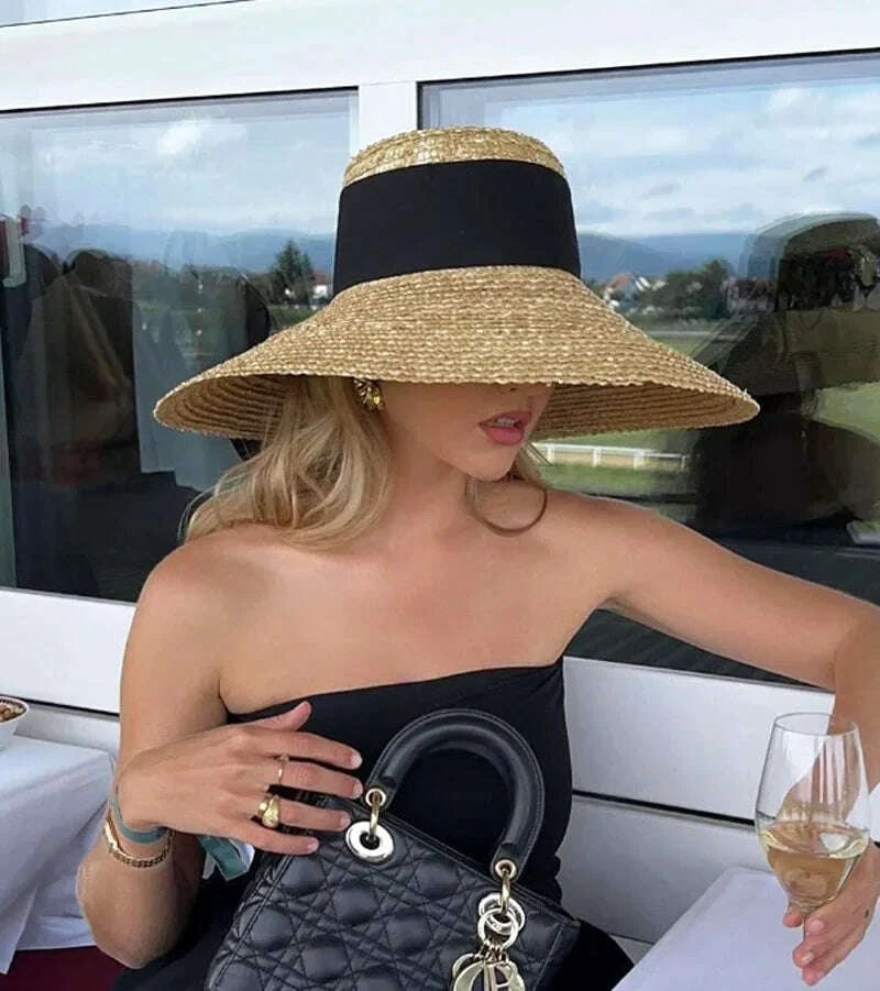 Elegant French Summer Straw Hat for Women - Wide Brim Beach Hat with Bow Ribbon, Seaside Travel Sun Hat