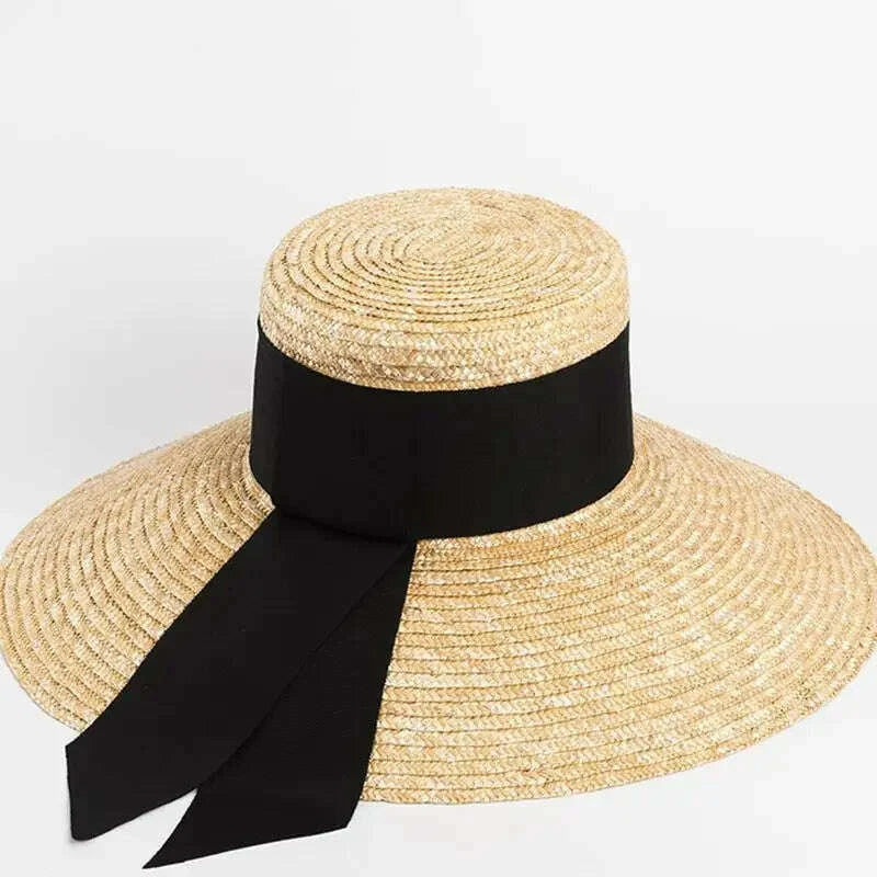 Elegant French Summer Straw Hat for Women - Wide Brim Beach Hat with Bow Ribbon, Seaside Travel Sun Hat