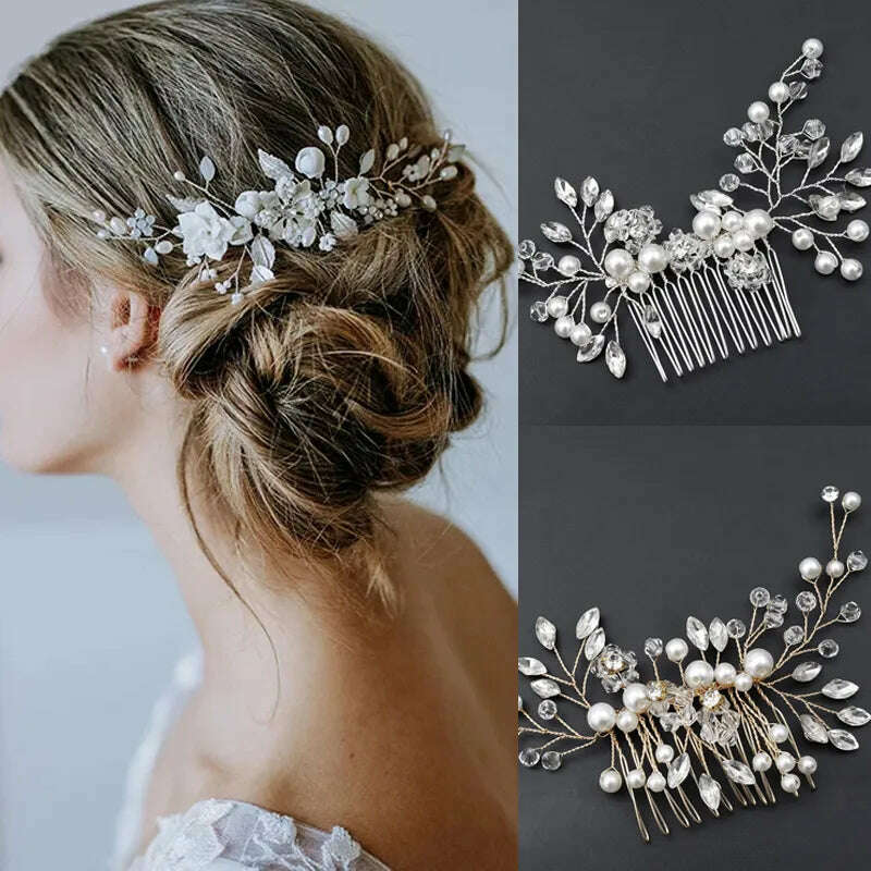 KIMLUD, Elegant Handmade Tiara Wedding Hair Comb Flower Bridal Hairpins Pearl Rhinestone Head Jewelry Girls Wedding Hair Accessories, KIMLUD Womens Clothes