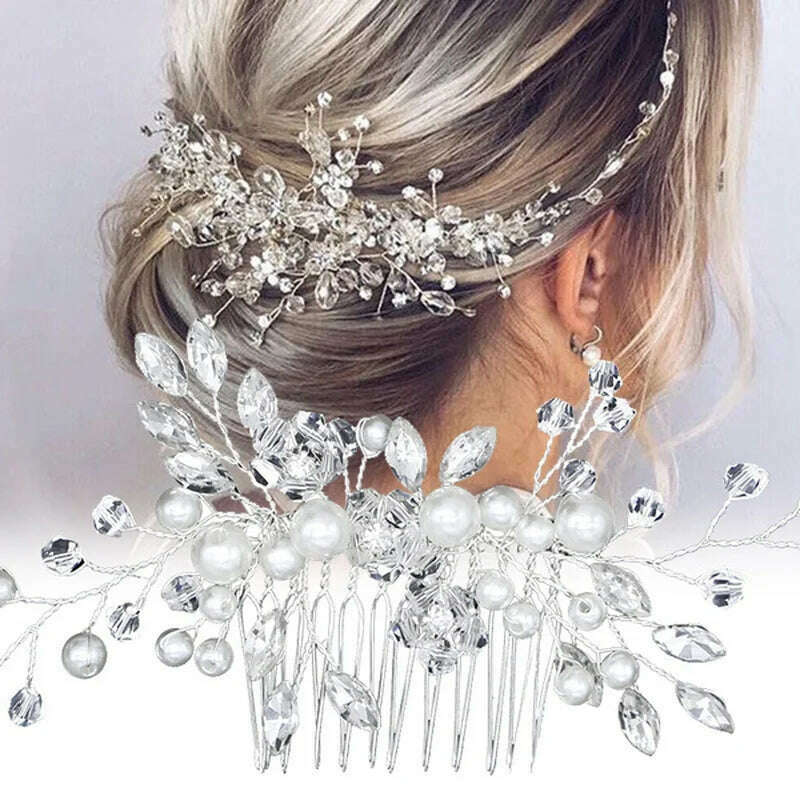 KIMLUD, Elegant Handmade Tiara Wedding Hair Comb Flower Bridal Hairpins Pearl Rhinestone Head Jewelry Girls Wedding Hair Accessories, KIMLUD Womens Clothes