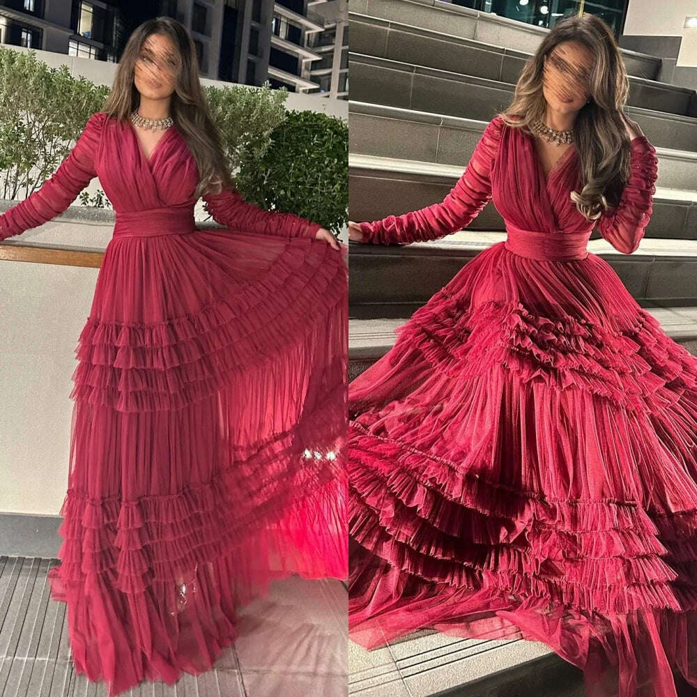 KIMLUD, Elegant High Quality V-neck A-line Floor Length Evening Dress Formal Ocassion Gown Pleat Tulle prom dresses 2023 luxury gown, KIMLUD Women's Clothes