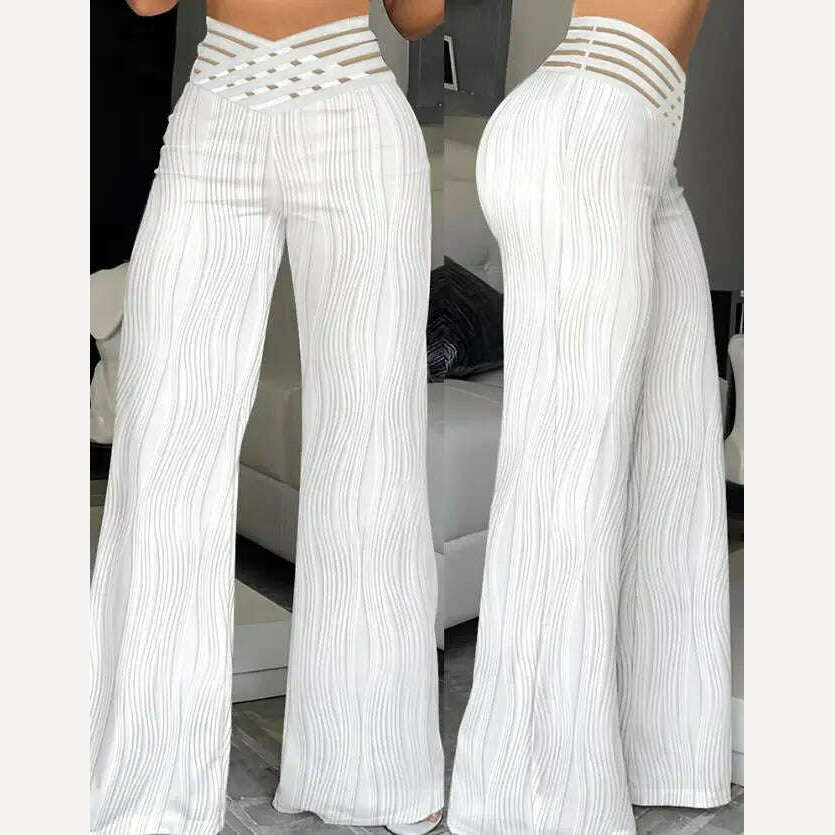 KIMLUD, Elegant High Waist Flared Pants for Women Overlap Waisted Textured Criss Cross Sheer Mesh Design Female Summer Work Trousers, A / S, KIMLUD Women's Clothes
