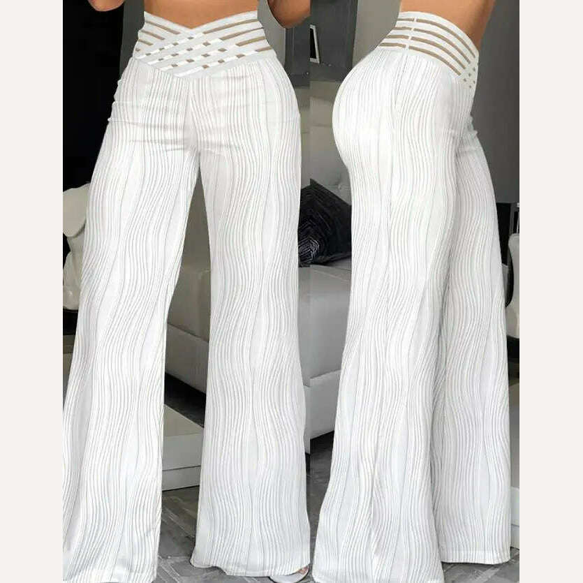 Elegant High Waist Flared Pants for Women Overlap Waisted Textured Criss Cross Sheer Mesh Design Female Summer Work Trousers - KIMLUD