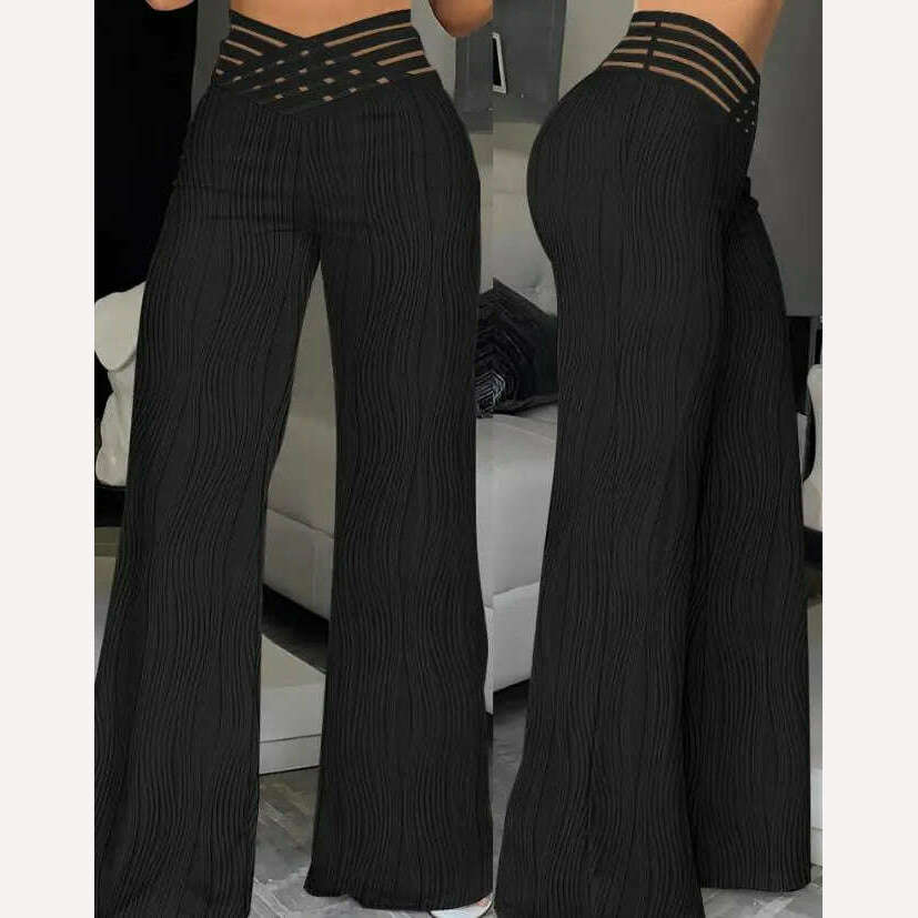 Elegant High Waist Flared Pants for Women Overlap Waisted Textured Criss Cross Sheer Mesh Design Female Summer Work Trousers - KIMLUD