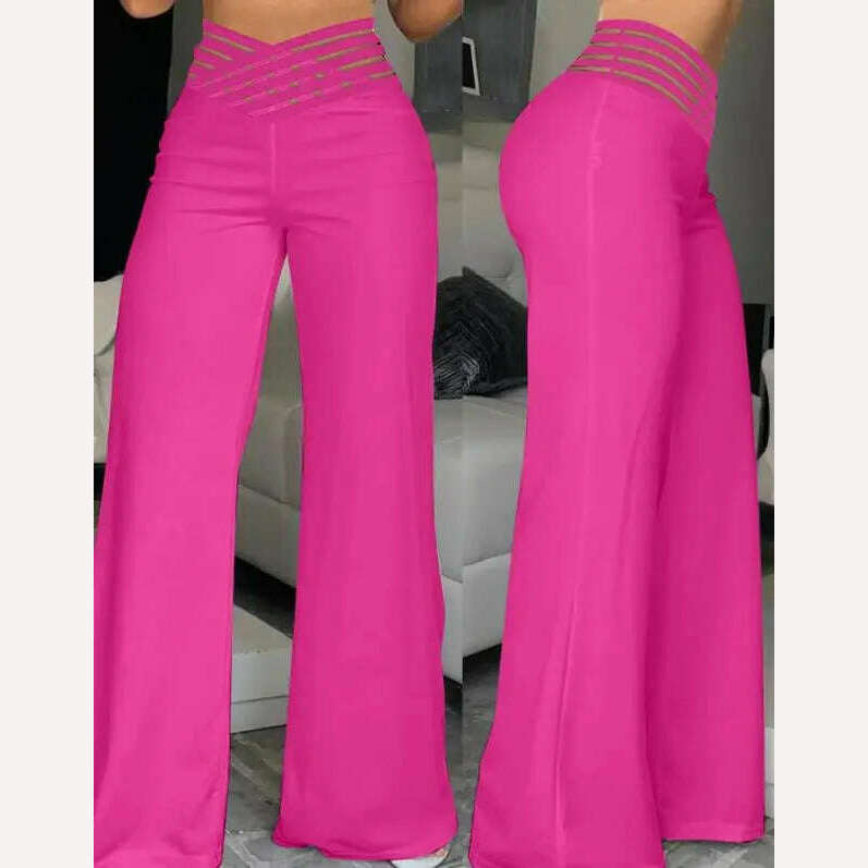 Elegant High Waist Flared Pants for Women Overlap Waisted Textured Criss Cross Sheer Mesh Design Female Summer Work Trousers - KIMLUD