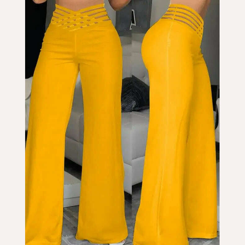Elegant High Waist Flared Pants for Women Overlap Waisted Textured Criss Cross Sheer Mesh Design Female Summer Work Trousers - KIMLUD