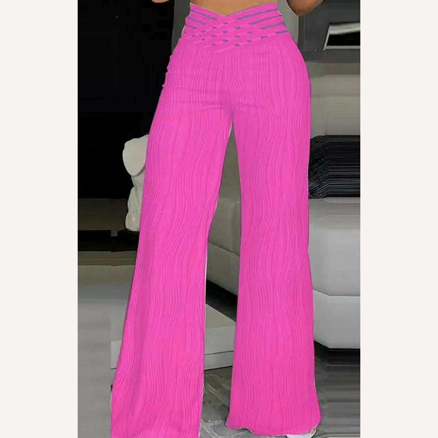 Elegant High Waist Flared Pants for Women Overlap Waisted Textured Criss Cross Sheer Mesh Design Female Summer Work Trousers - KIMLUD