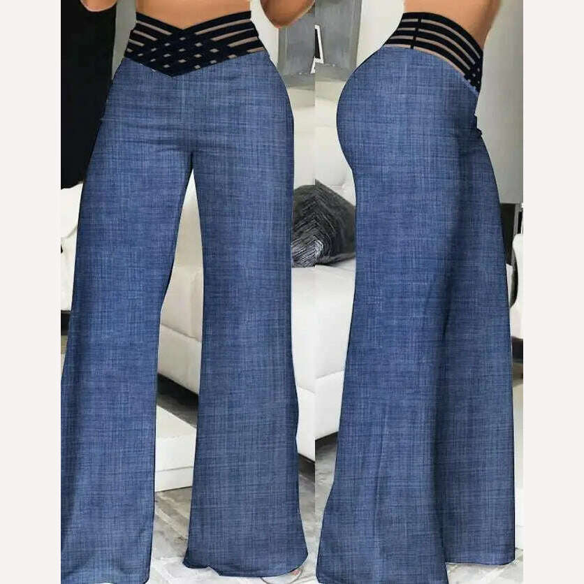 KIMLUD, Elegant High Waist Flared Pants for Women Overlap Waisted Textured Criss Cross Sheer Mesh Design Female Summer Work Trousers, E / S, KIMLUD Womens Clothes
