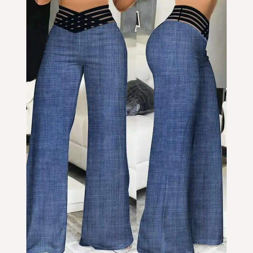 Elegant High Waist Flared Pants for Women Overlap Waisted Textured Criss Cross Sheer Mesh Design Female Summer Work Trousers - KIMLUD