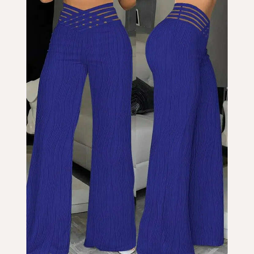 KIMLUD, Elegant High Waist Flared Pants for Women Overlap Waisted Textured Criss Cross Sheer Mesh Design Female Summer Work Trousers, C / S, KIMLUD Women's Clothes