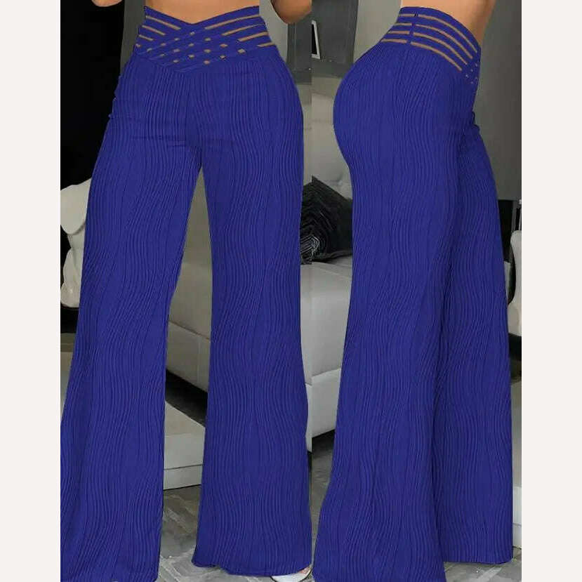 Elegant High Waist Flared Pants for Women Overlap Waisted Textured Criss Cross Sheer Mesh Design Female Summer Work Trousers - KIMLUD