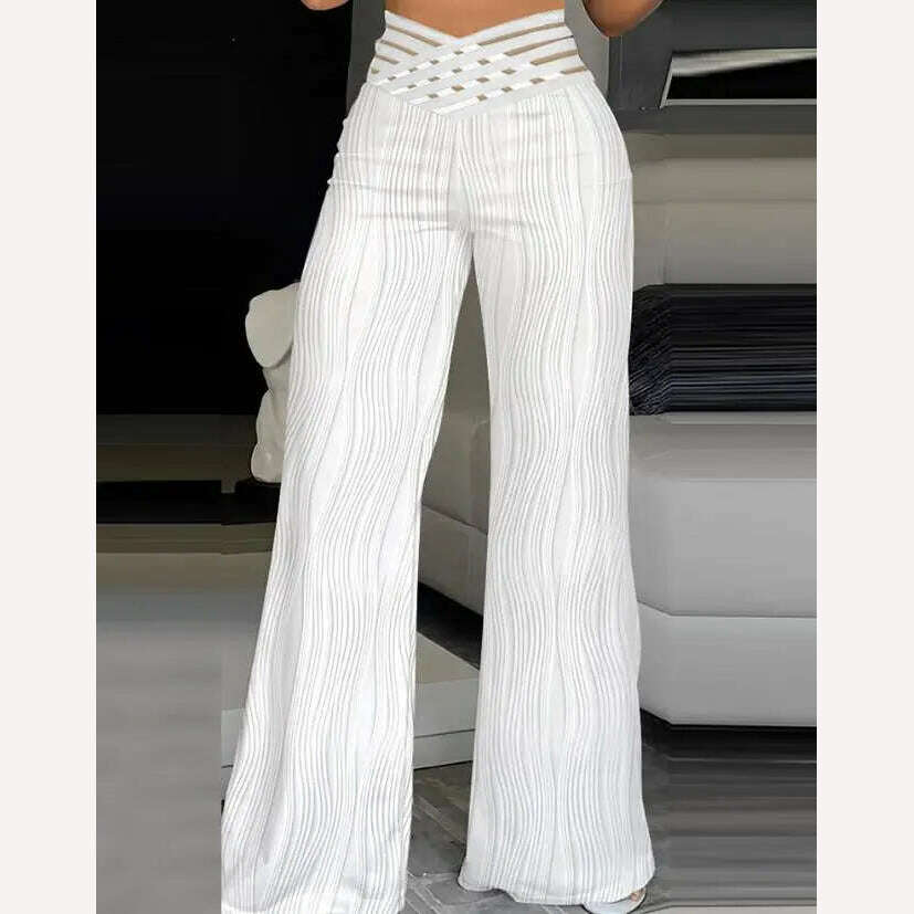 Elegant High Waist Flared Pants for Women Overlap Waisted Textured Criss Cross Sheer Mesh Design Female Summer Work Trousers - KIMLUD