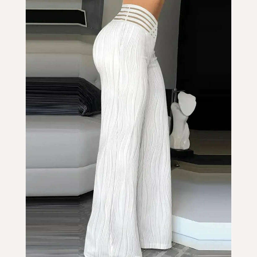 Elegant High Waist Flared Pants for Women Overlap Waisted Textured Criss Cross Sheer Mesh Design Female Summer Work Trousers - KIMLUD