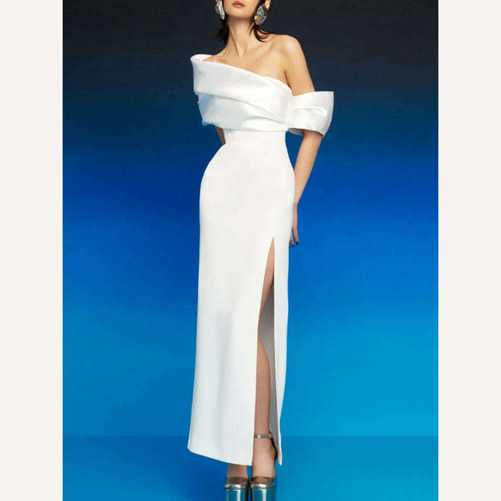 KIMLUD, Elegant High Waist Split Women's Evening Dress with Diagonal Collar Pleated Design Customizable for Spring Season, White / .3XL, KIMLUD Womens Clothes