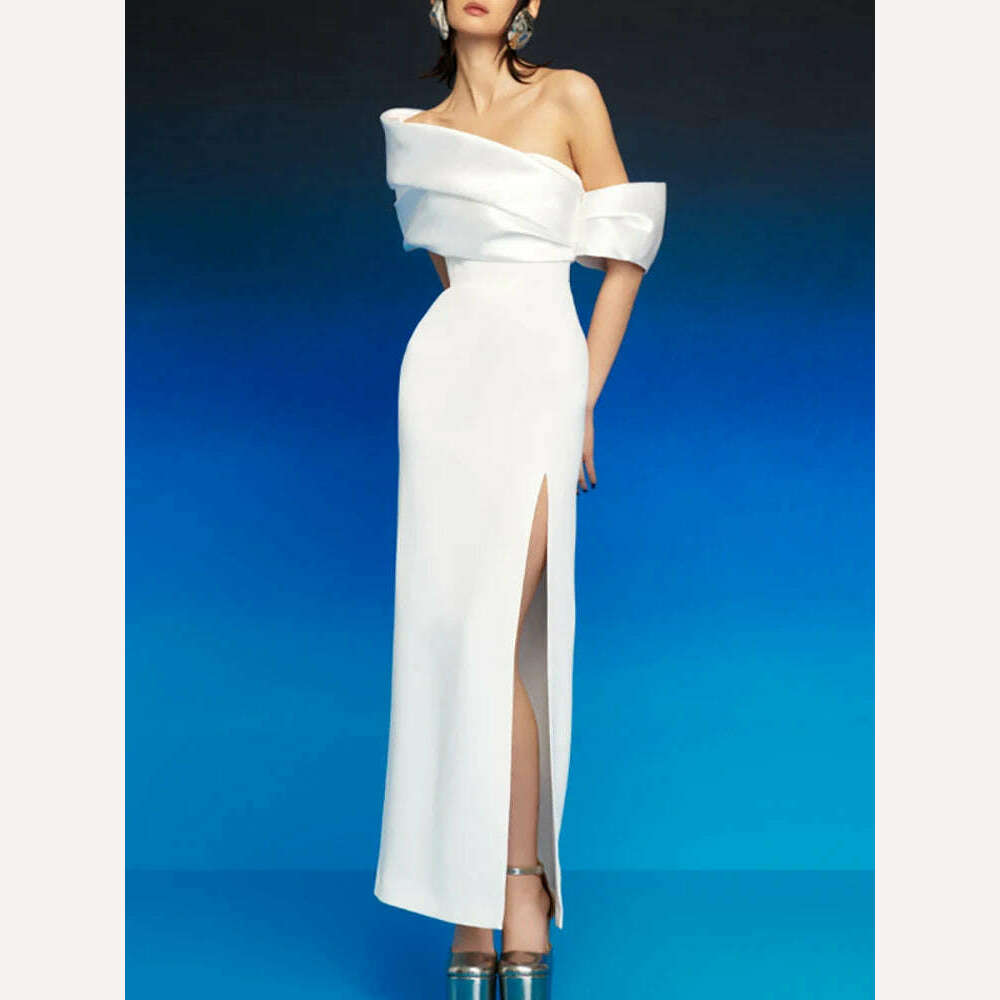 KIMLUD, Elegant High Waist Split Women's Evening Dress with Diagonal Collar Pleated Design Customizable for Spring Season, White / .3XL, KIMLUD APPAREL - Womens Clothes