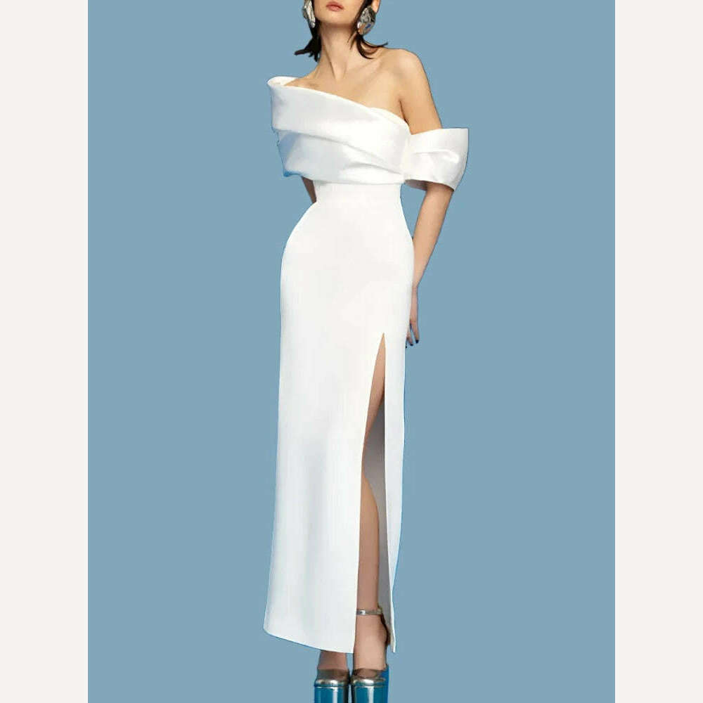 KIMLUD, Elegant High Waist Split Women's Evening Dress with Diagonal Collar Pleated Design Customizable for Spring Season, KIMLUD Womens Clothes