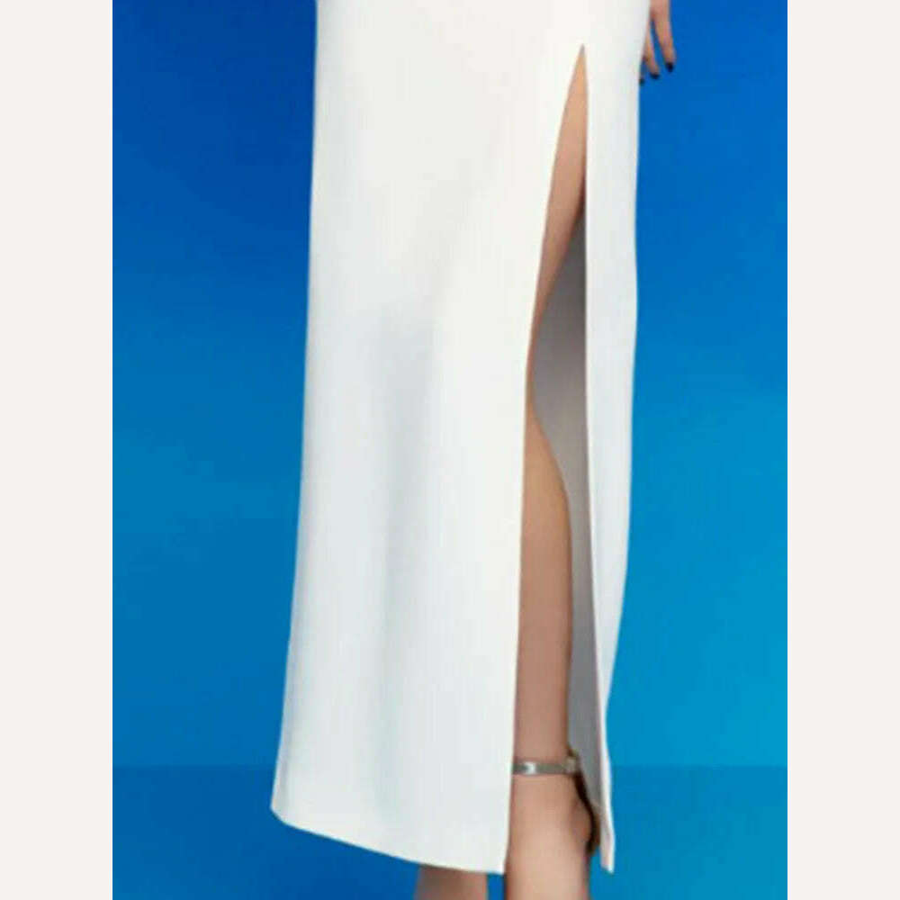 KIMLUD, Elegant High Waist Split Women's Evening Dress with Diagonal Collar Pleated Design Customizable for Spring Season, KIMLUD Womens Clothes
