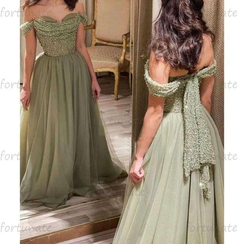 KIMLUD, Elegant Homecoming Dresses Sweetheart Off The Shoulder Green Tulle Long Glitter Sequins Beads Graduation Formal Party Prom Gown, picture color / 4 / CHINA, KIMLUD Women's Clothes