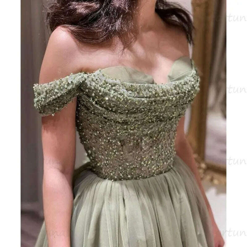 KIMLUD, Elegant Homecoming Dresses Sweetheart Off The Shoulder Green Tulle Long Glitter Sequins Beads Graduation Formal Party Prom Gown, KIMLUD Women's Clothes