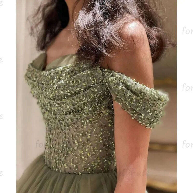 Elegant Homecoming Dresses Sweetheart Off The Shoulder Green Tulle Long Glitter Sequins Beads Graduation Formal Party Prom Gown - KIMLUD